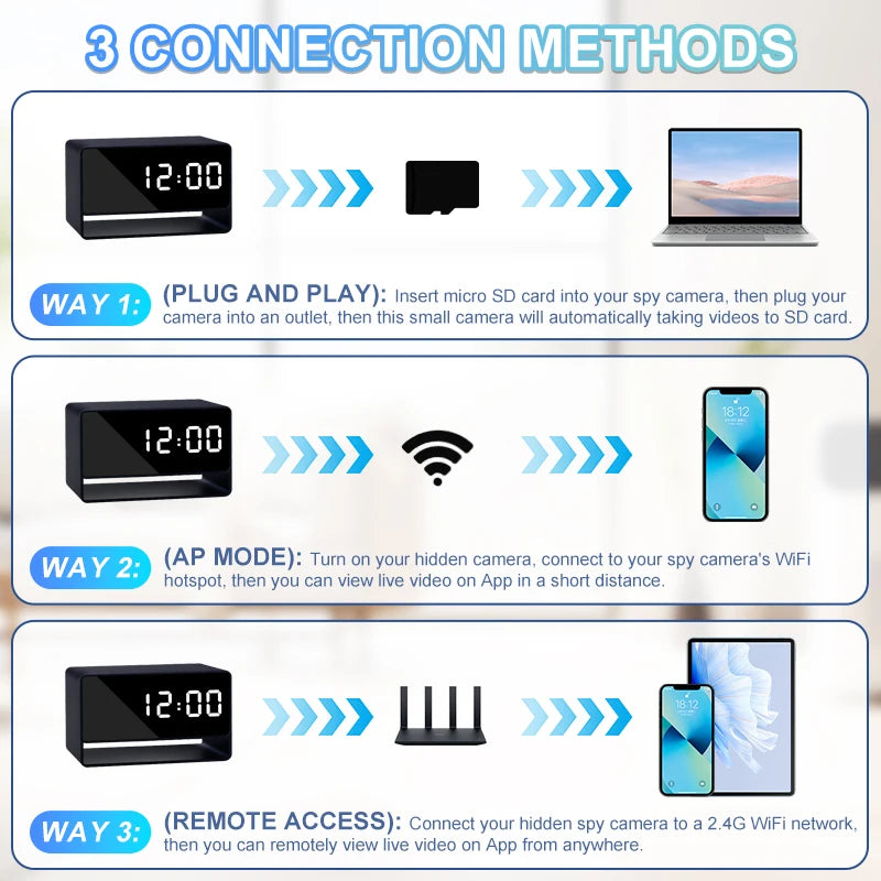 1080P Mini Camera Clock Wireless Clocks Cameras HD WiFi Surveillance Security Cam Night Vision 12/24 Hour Detection Alert