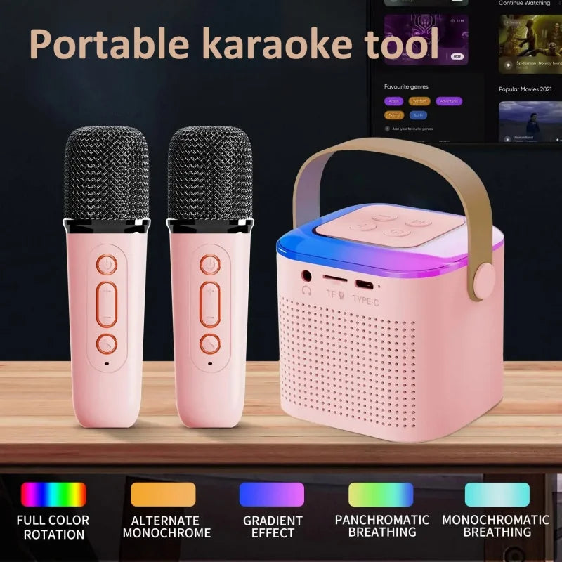 Wireless Y1 dual microphones karaoke machine DSP system Bluetooth 5.3 PA speaker HiFi stereo surround RGB colorful LED light KTV