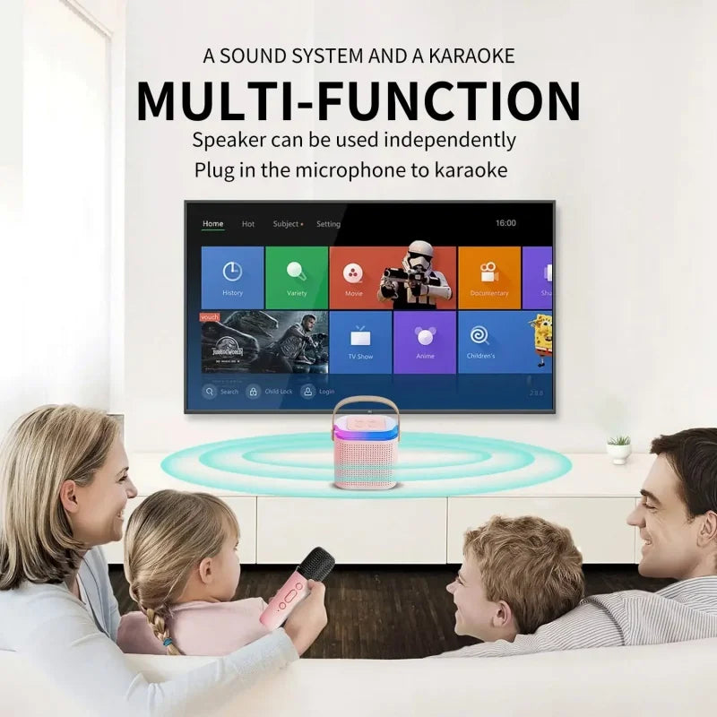 Wireless Y1 dual microphones karaoke machine DSP system Bluetooth 5.3 PA speaker HiFi stereo surround RGB colorful LED light KTV