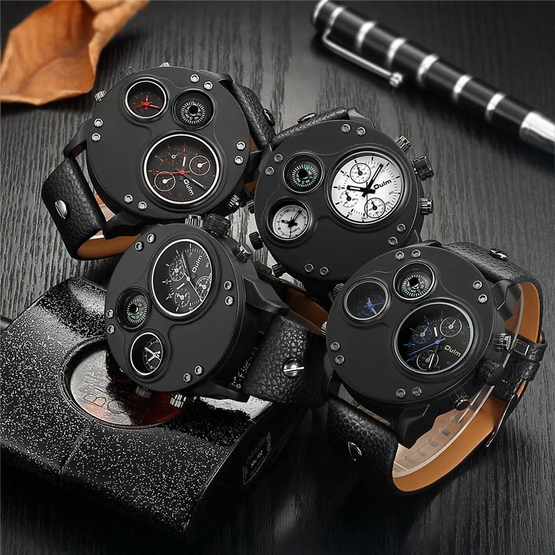 Oulm New Fashion Casual Sport Men's Watches Black Leather Dual Time Zone Wristwatch Male Quartz Big Size Luxury Military Watch