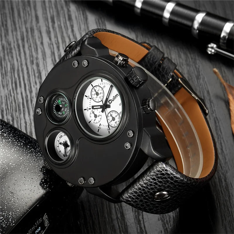 Oulm New Fashion Casual Sport Men's Watches Black Leather Dual Time Zone Wristwatch Male Quartz Big Size Luxury Military Watch
