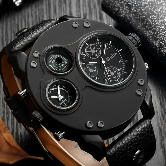 Oulm New Fashion Casual Sport Men's Watches Black Leather Dual Time Zone Wristwatch Male Quartz Big Size Luxury Military Watch