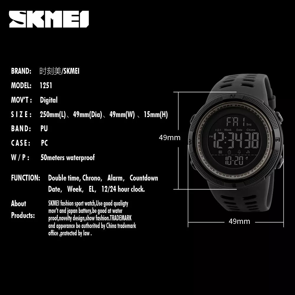 SKMEI Brand Men Sports Watches Fashion Chronos Countdown Waterproof LED Digital Watch Man Military Wrist Watch Relogio Masculino