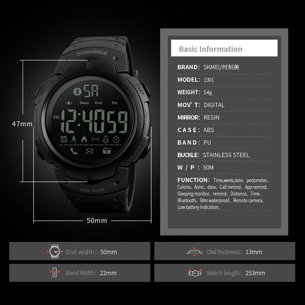 Men's Sport Smart Watch SKMEI Brand Fashion Pedometer Remote Camera Calorie Bluetooth Smartwatch Reminder Digital Wristwatches