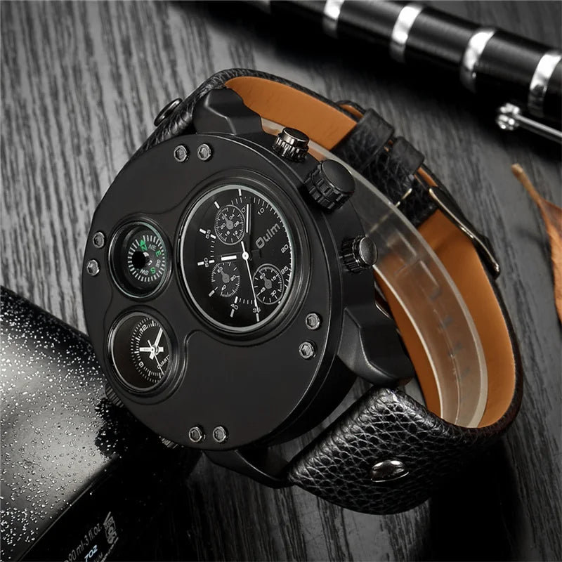 Oulm New Fashion Casual Sport Men's Watches Black Leather Dual Time Zone Wristwatch Male Quartz Big Size Luxury Military Watch