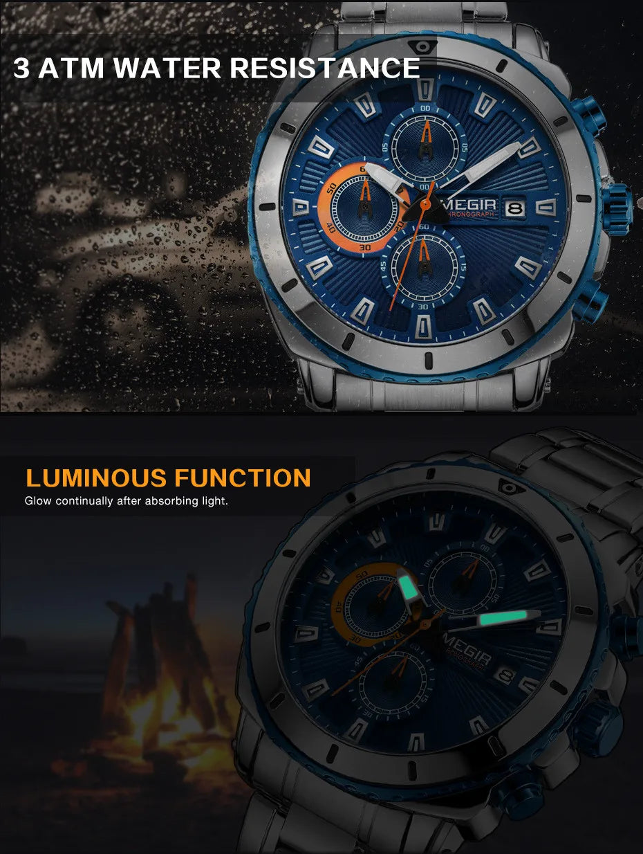 MEGIR Chronograph Quartz Men Watch Luxury Brand Stainless Steel Business Wrist Watches Male Clock Hour Time Relogio Masculino