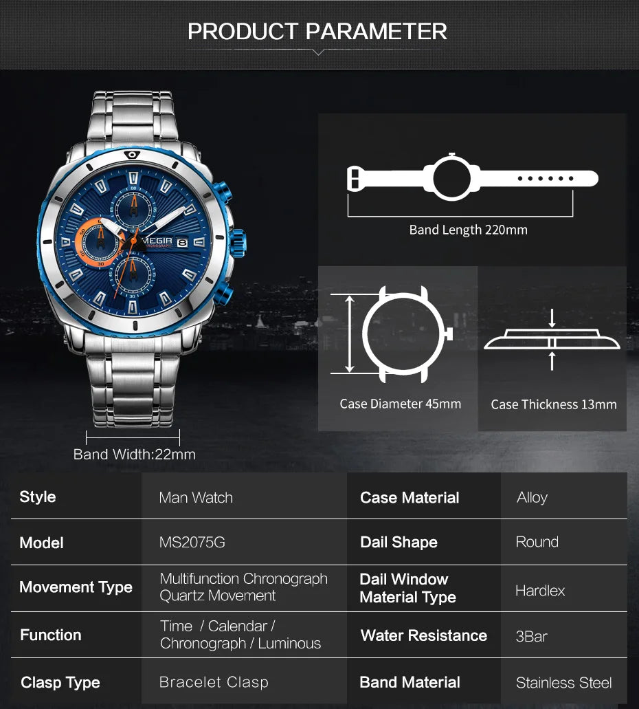 MEGIR Chronograph Quartz Men Watch Luxury Brand Stainless Steel Business Wrist Watches Male Clock Hour Time Relogio Masculino