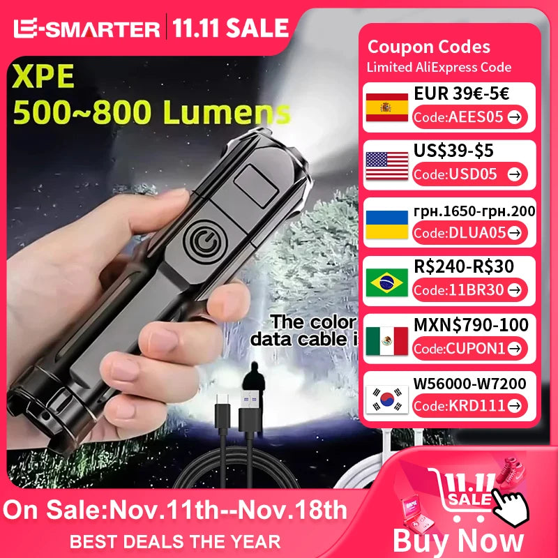 LED Telescopic Zoom Strong Light Flashlight USB Charging Compact Portable Focused Long-range Portable Household Flashlight