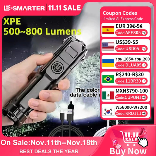 LED Telescopic Zoom Strong Light Flashlight USB Charging Compact Portable Focused Long-range Portable Household Flashlight