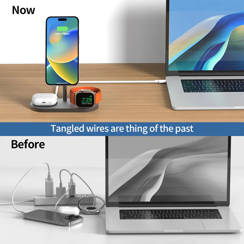 KUXIU 3 in 1 Magnetic Wireless Charger Stand For iPhone16/15/14/13 Pro,AirPods,iWatch,Aluminum Alloy Induction Charging Holder