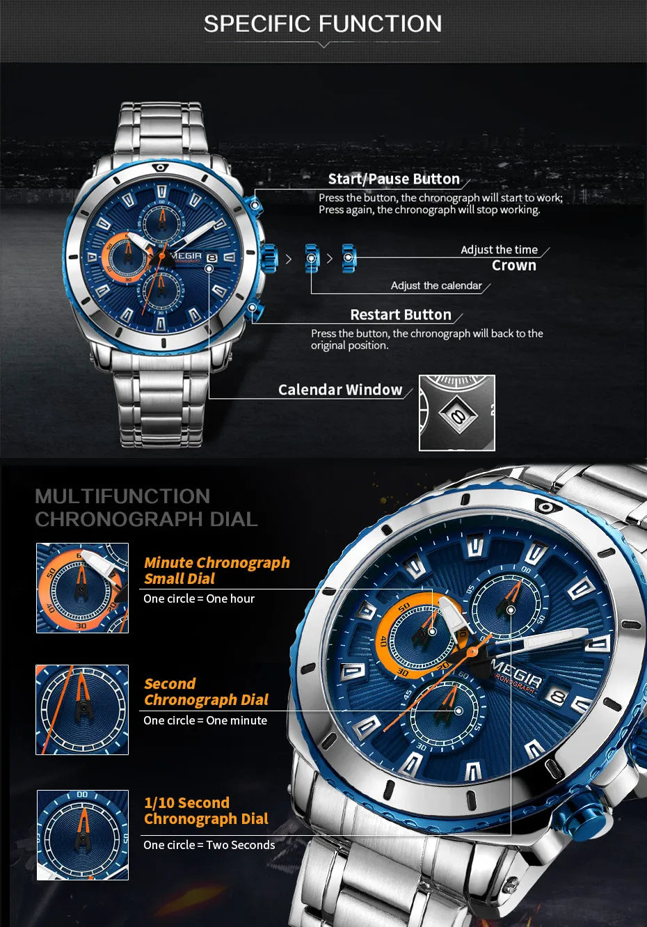 MEGIR Chronograph Quartz Men Watch Luxury Brand Stainless Steel Business Wrist Watches Male Clock Hour Time Relogio Masculino
